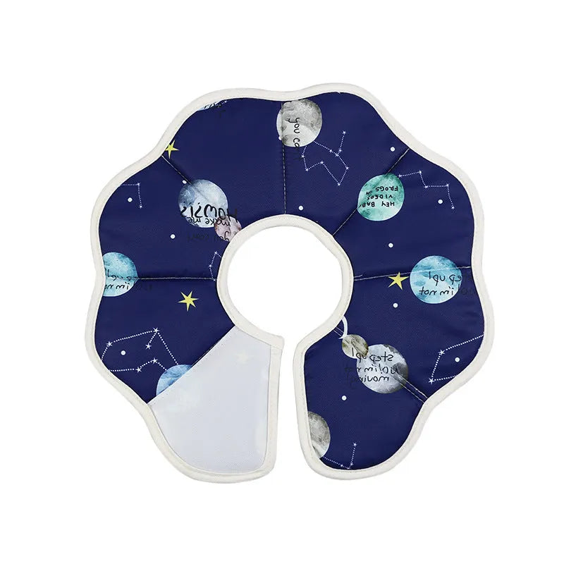 Soft adjustable cat cone collar in constellation pattern showing fastener and soft edging