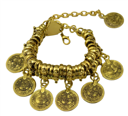 Elegant adjustable coin bracelet and anklet set in gold and silver