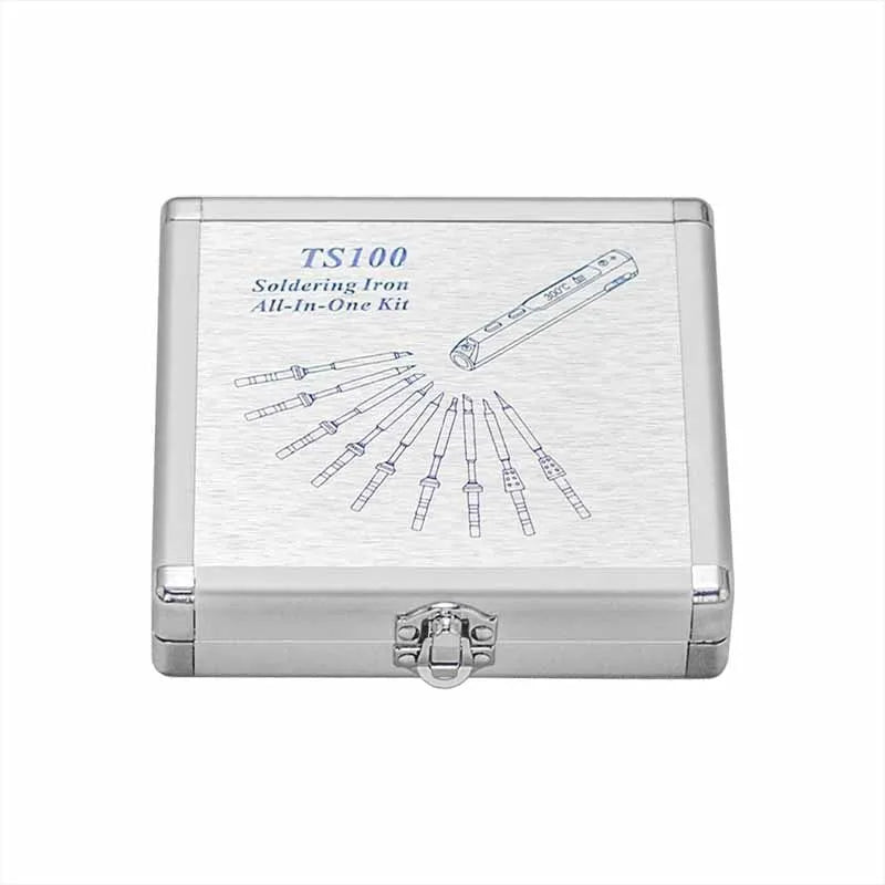 Silver aluminium storage box for TS100 soldering iron with dimensions 154x147x36mm