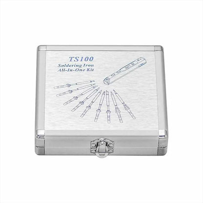 Silver aluminium storage box for TS100 soldering iron with dimensions 154x147x36mm