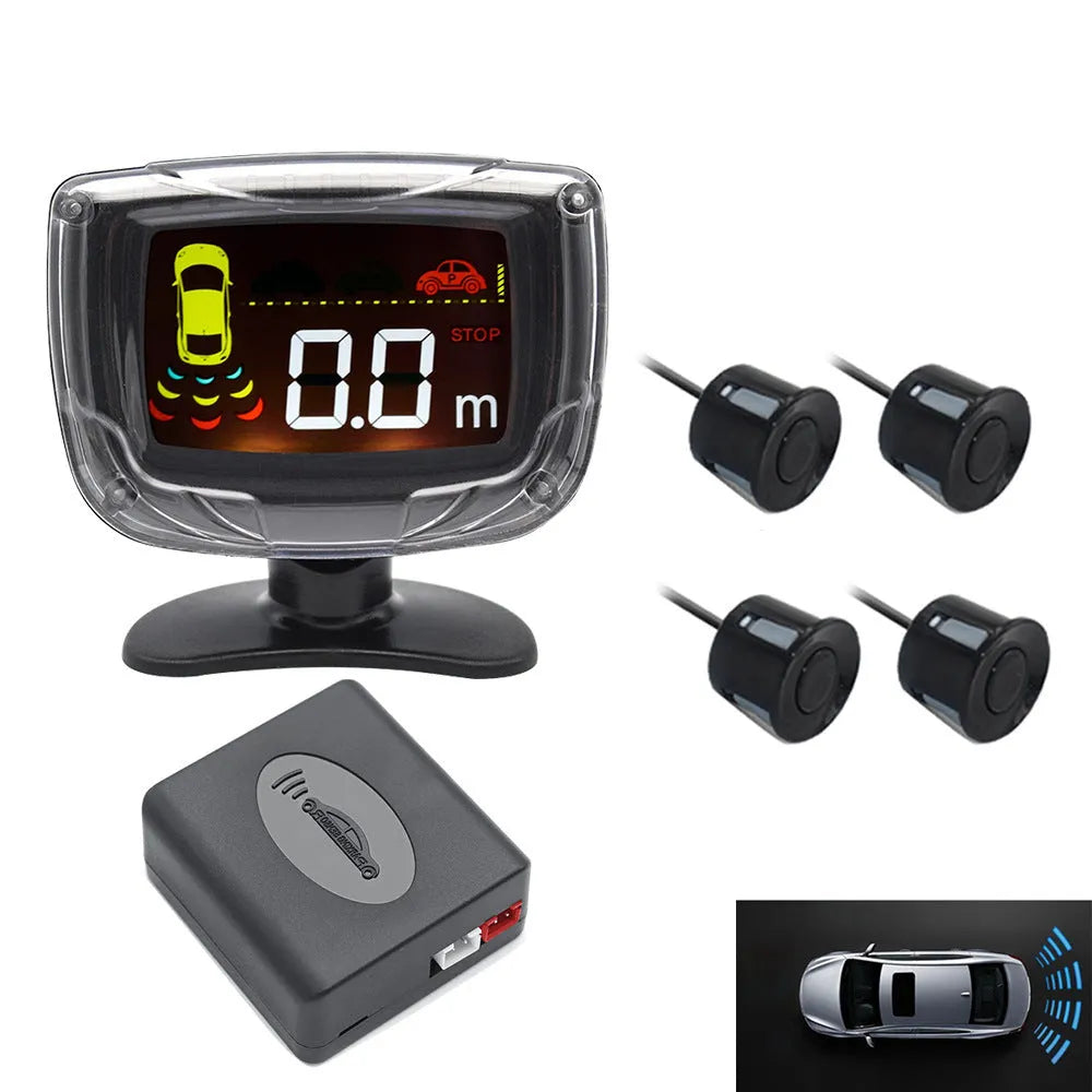 Wireless reversing sensor system showing main display unit, four embedded probes, and installation accessories.