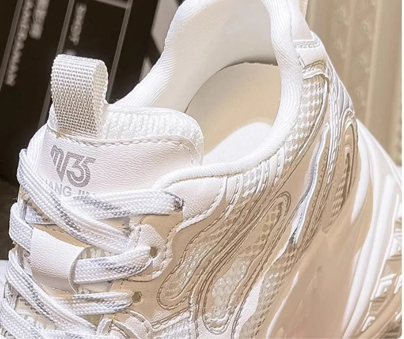 Women's height increasing insole shoes summer lace-up trainers with PU leather upper and polyurethane sole, round toe design available in white Four Seasons single lining and summer breathable single mesh colours, sizes 34-39