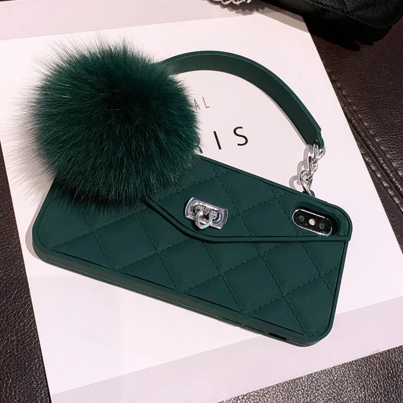 Hairball phone case in dark green grid colour with plush texture, fitting an iPhone