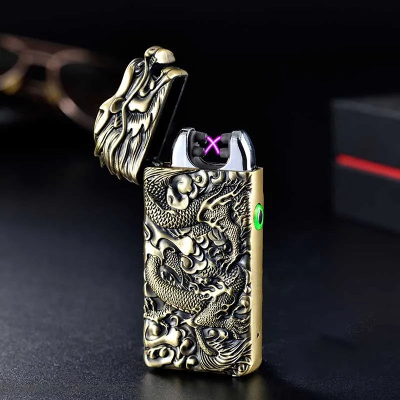 USB rechargeable windproof metal lighter with embossed arc design in multiple colour options