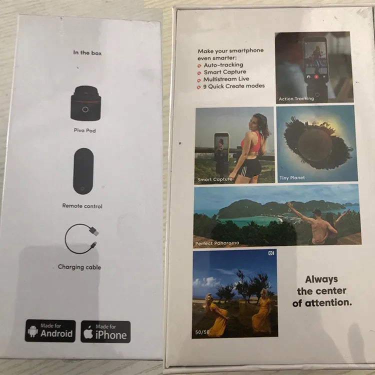 Matte black PIVO facial tracking smartphone mount showing 360-degree rotation for automated video.