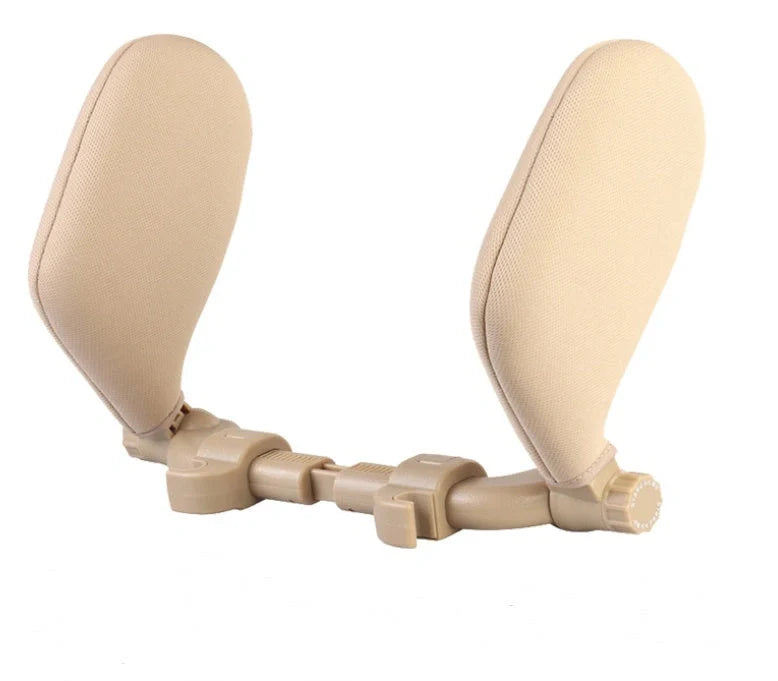 Adjustable car seat headrest pillow with memory foam support in grey, beige, black, and coffee colors
