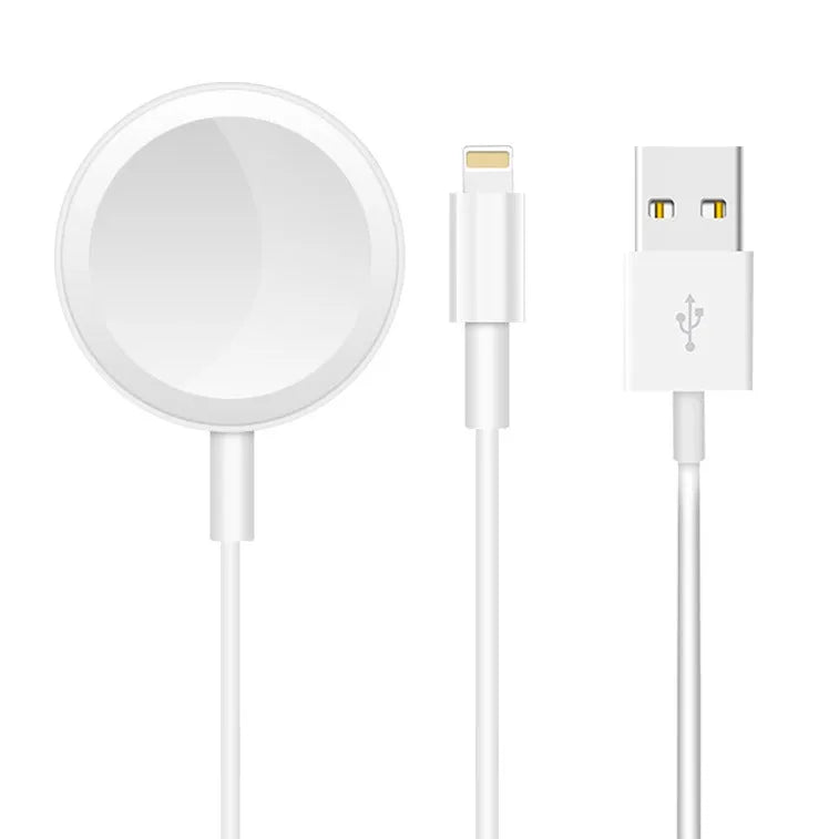 White two-in-one wireless watch charger with USB interface on desk