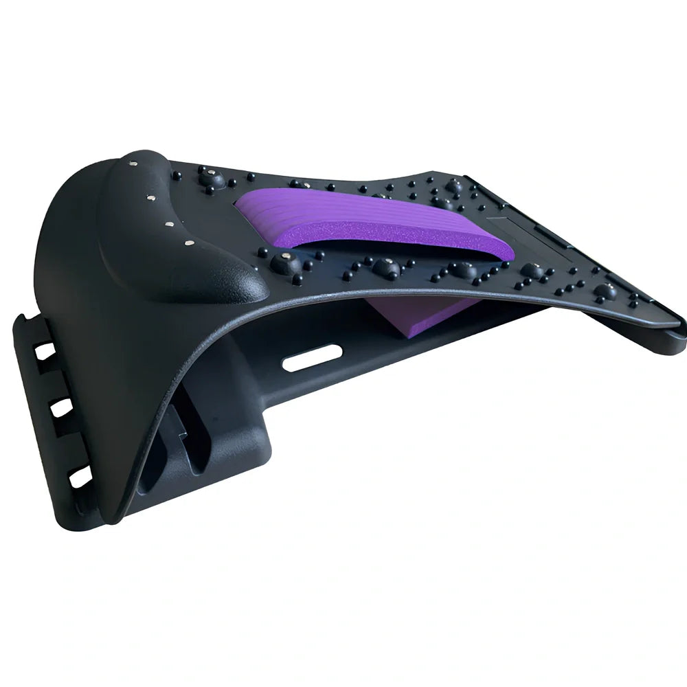 Black back massager with magnetic acupuncture points and adjustable stretch settings on grey background