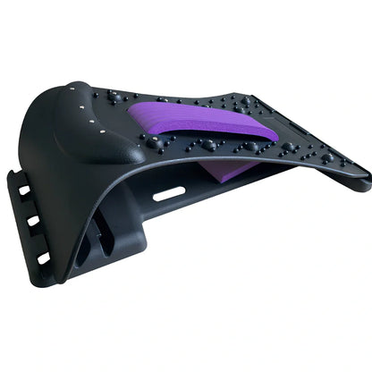Black back massager with magnetic acupuncture points and adjustable stretch settings on grey background