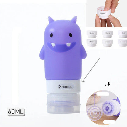 Portable animal-shaped silicone travel bottles for shampoo, shower gel, and lotion in various vibrant colors and designs