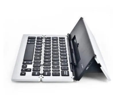 Foldable aluminium wireless Bluetooth keyboard for smartphones and tablets, available in Gold, Rose Red, Silver, and Space Grey.