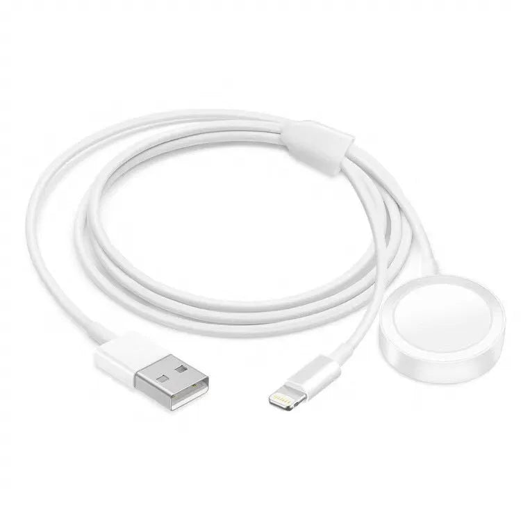 White two-in-one wireless watch charger with USB interface on desk