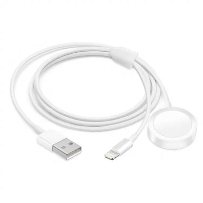 White two-in-one wireless watch charger with USB interface on desk