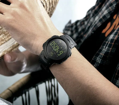 Men's black and army green Bluetooth smart watch with 50mm dial on PU strap.