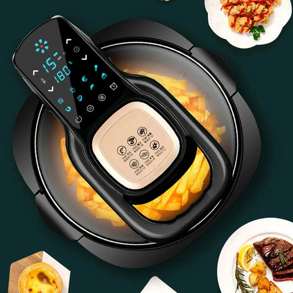 Green 6L air fryer with touch controls, 335x325x295mm dimensions, 1500W power for family cooking