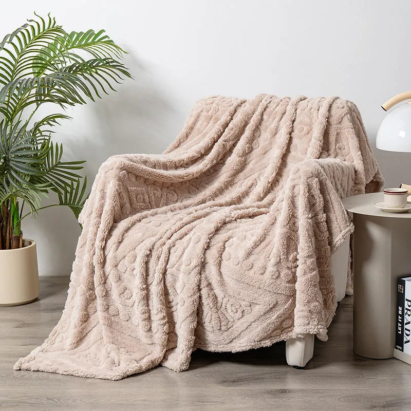 Shu velvet jacquard sofa blanket in solid colour with plant flower patterns showing size options