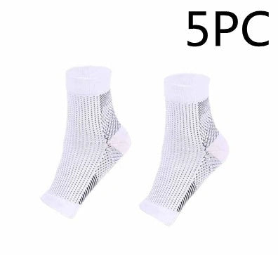 Anti-fatigue compression foot sleeve in black, red, or white, featuring moisture-wicking fabric and a heel hole for breathability.