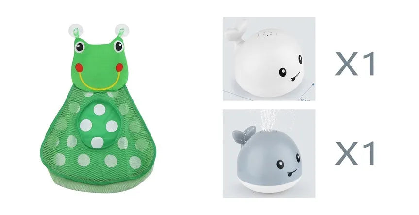 Grey or white electric whale bath toy spraying water with LED lights on a base.