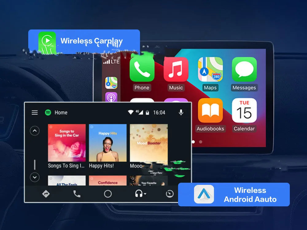 Black 9-inch wireless CarPlay adapter and GPS unit with a capacitive touch screen.