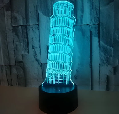 3D Leaning Tower of Pisa acrylic night light with multi-colour LEDs on a black square base
