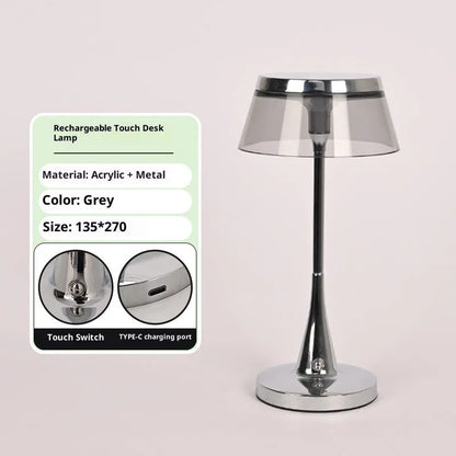 Rechargeable table lamp with aluminium acrylic body, touch dimming, D13.5 x H27cm, in transparent, grey or brown