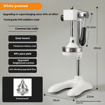 Vertical stainless steel manual juicer with zinc alloy handle in multiple colour and tip style combinations
