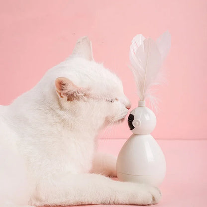 Tumbler cat toy in white, yellow, or pink with ABS body and feather replacement pieces.
