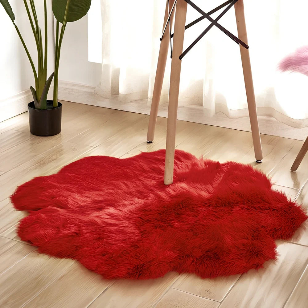 Artificial woolen carpet rug with floral sheepskin pattern in plush fabric, available in multiple sizes and colours