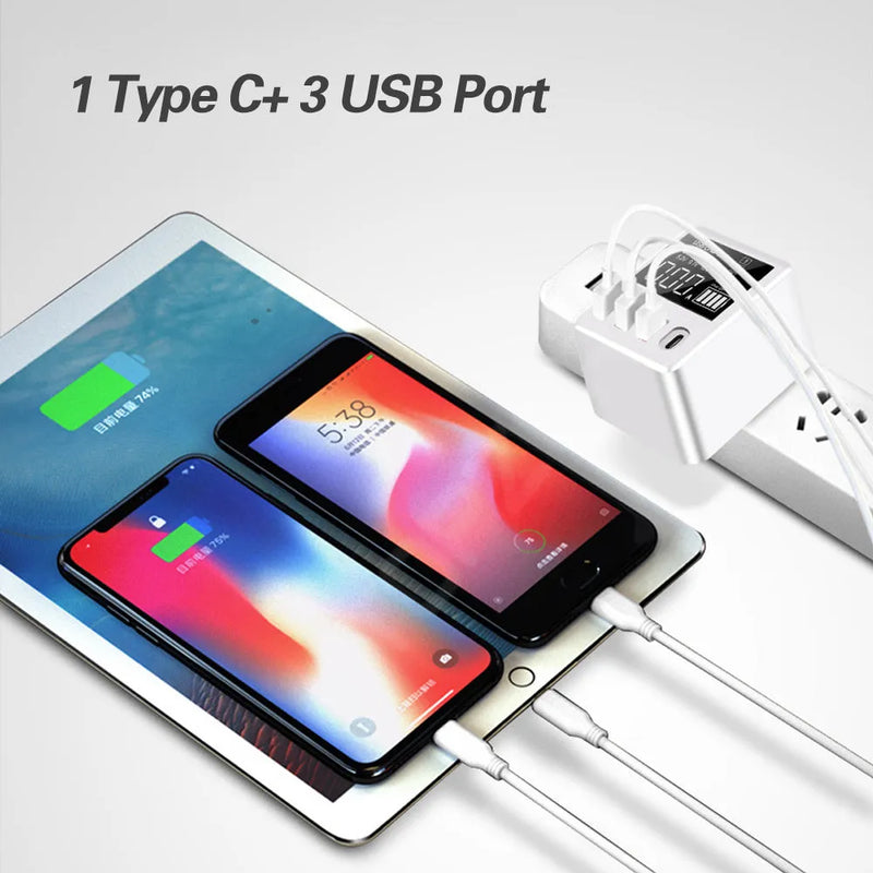 4-port USB wall charger travel adapter with LED display UK plug for phones tablets fast charging 40W total output white colour PC ABS fire retardant material compact charging head AC 100-240V input