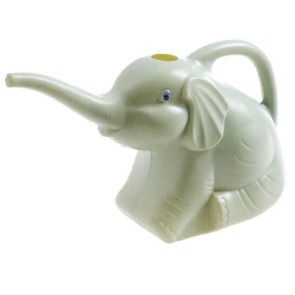 A pink children's elephant-shaped watering can with a long nozzle and baby bottle handle for gardening.