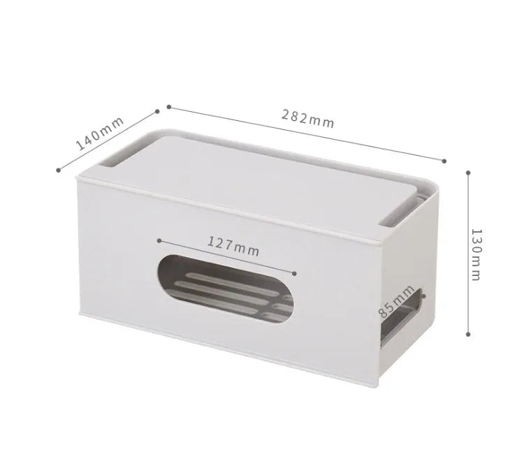A grey and a white plastic storage box for organising a wireless router and its cables.
