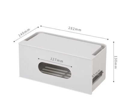 A grey and a white plastic storage box for organising a wireless router and its cables.