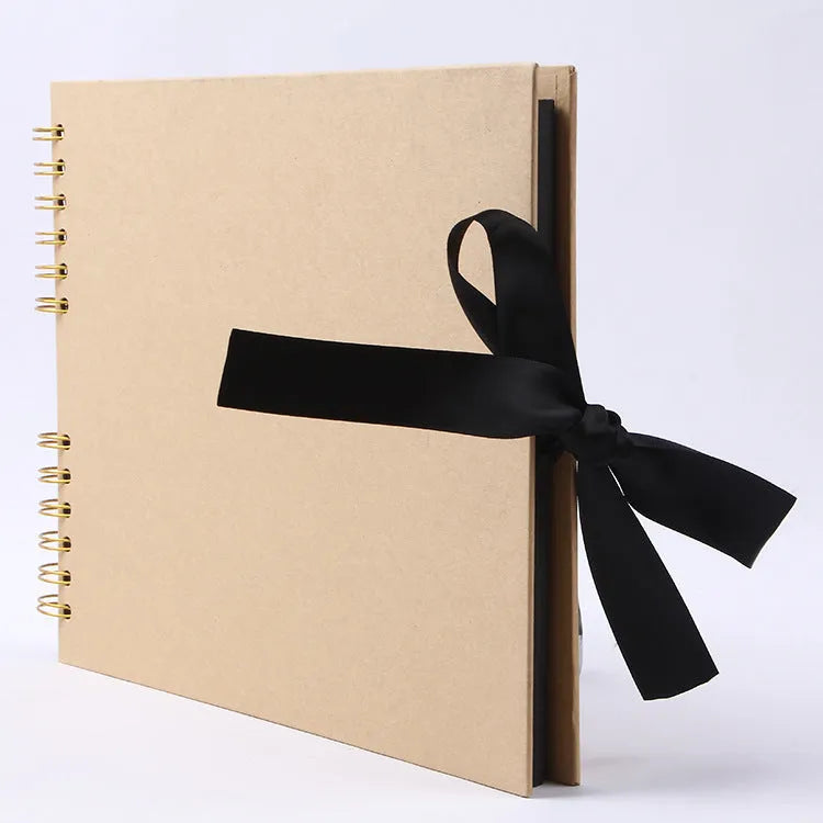 DIY handmade photo album with coil binding, shown with yellow kraft paper and black cardboard cover options