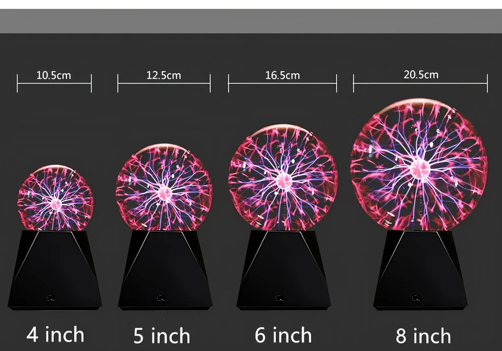 Plasma ball with colourful light arcs responding to finger touch on glass sphere