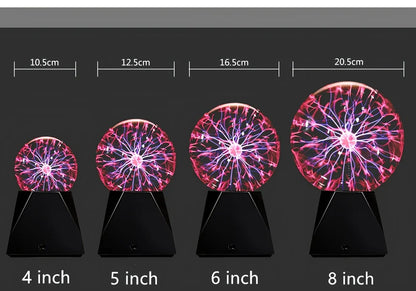 Plasma ball with colourful light arcs responding to finger touch on glass sphere