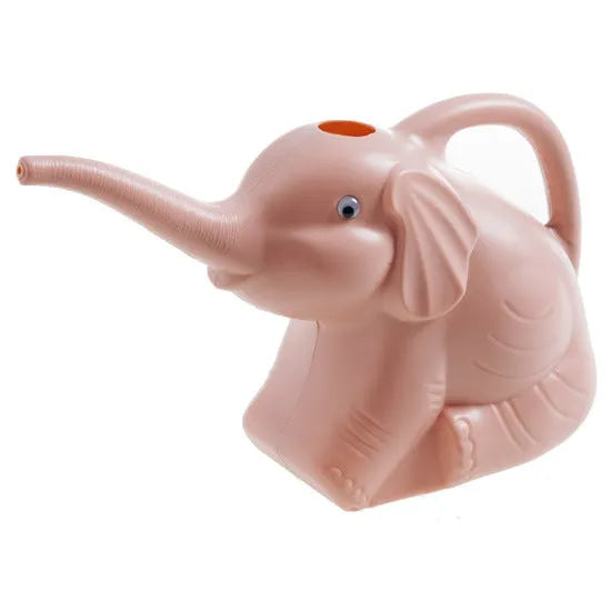 A pink children's elephant-shaped watering can with a long nozzle and baby bottle handle for gardening.