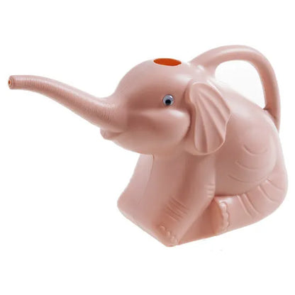 A pink children's elephant-shaped watering can with a long nozzle and baby bottle handle for gardening.