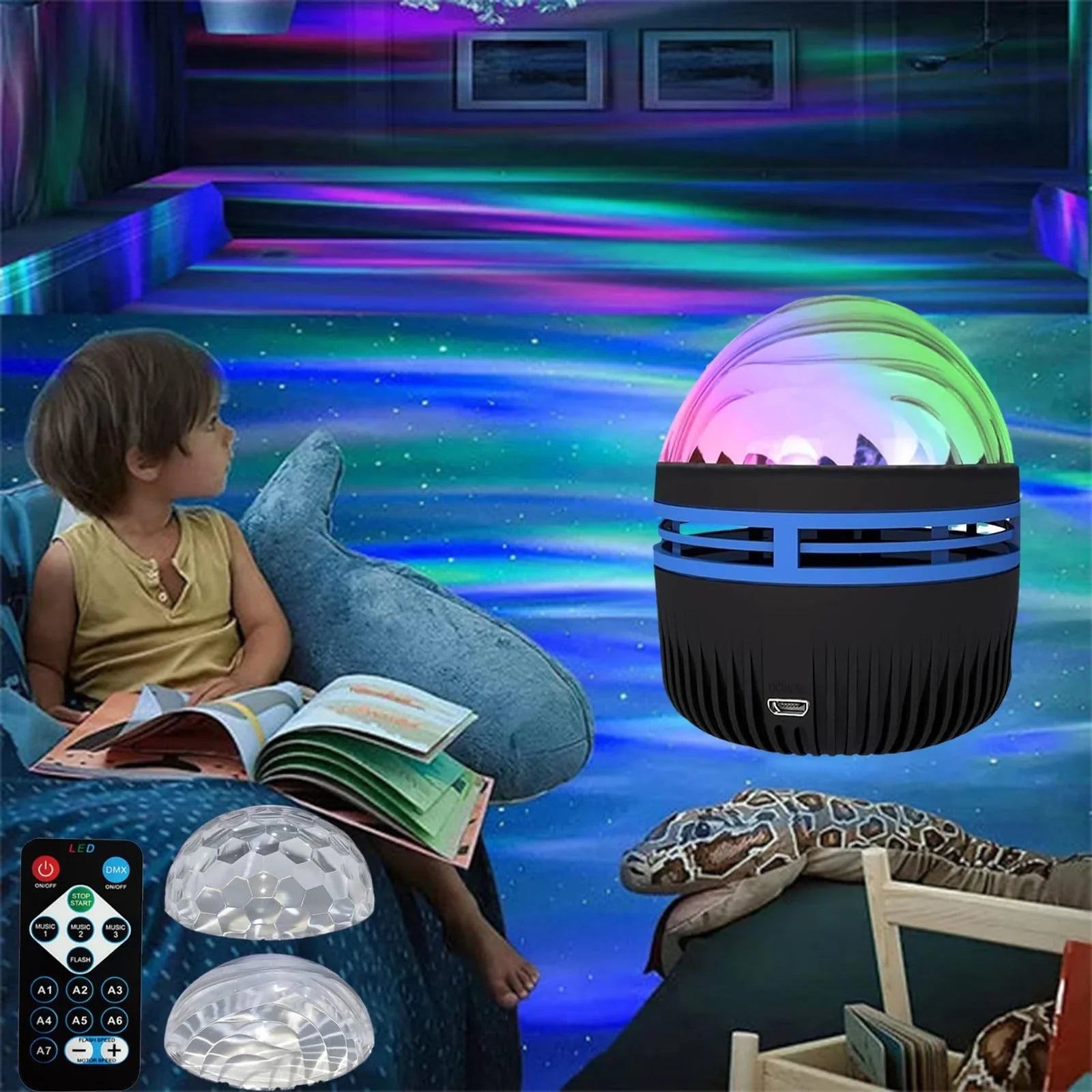 LED Galaxy Star Projector with rotating color-changing display, creating a soothing starry night effect in a bedroom