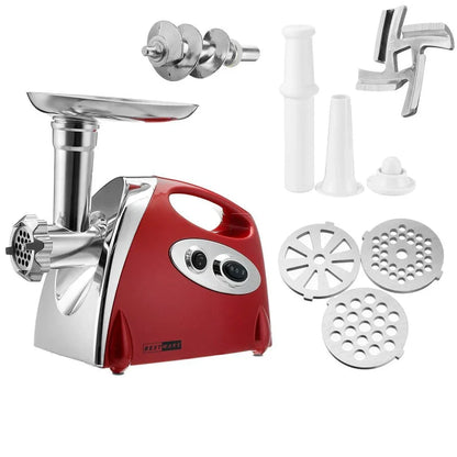Red electric meat grinder with 800W motor processing 800g per minute with food grade materials