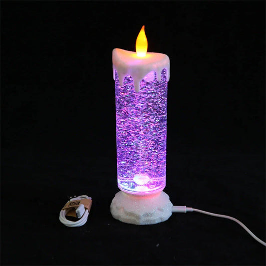 Colour-changing LED candle lamp with flickering flame, glitter, and water display