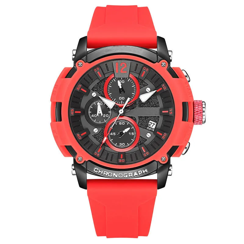 Men's black quartz watch with luminous hands on a 51mm case, showing calendar window and 24mm band.