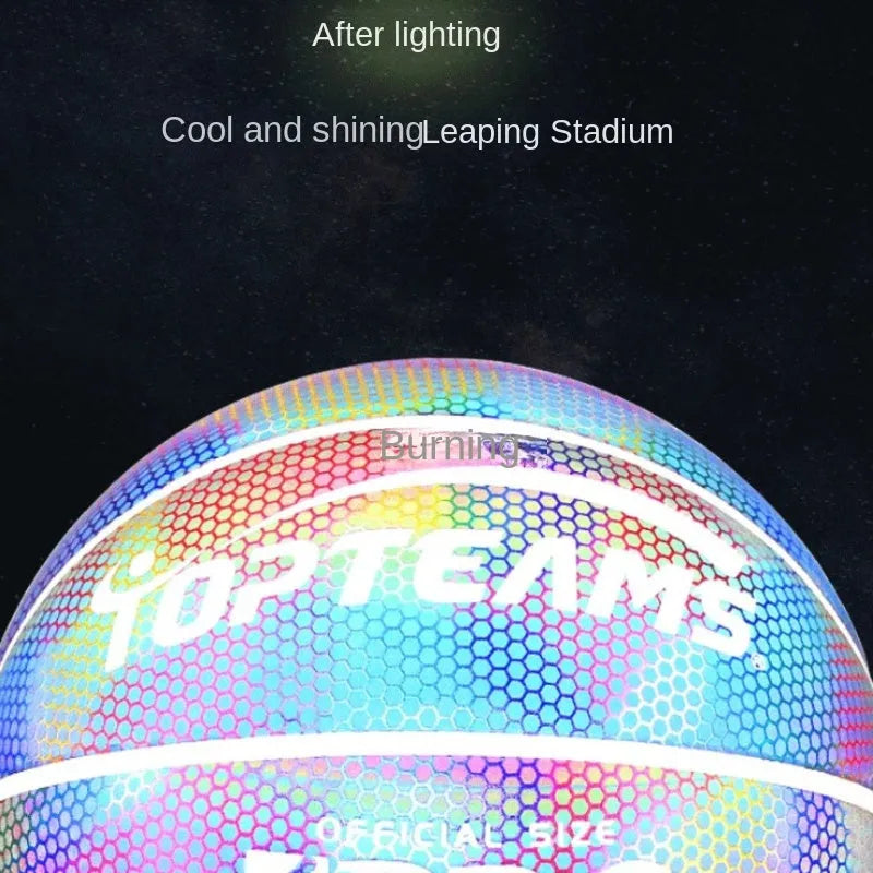 Holographic luminous reflective fluorescent basketball No. 7 size with wear-resistant PU leather