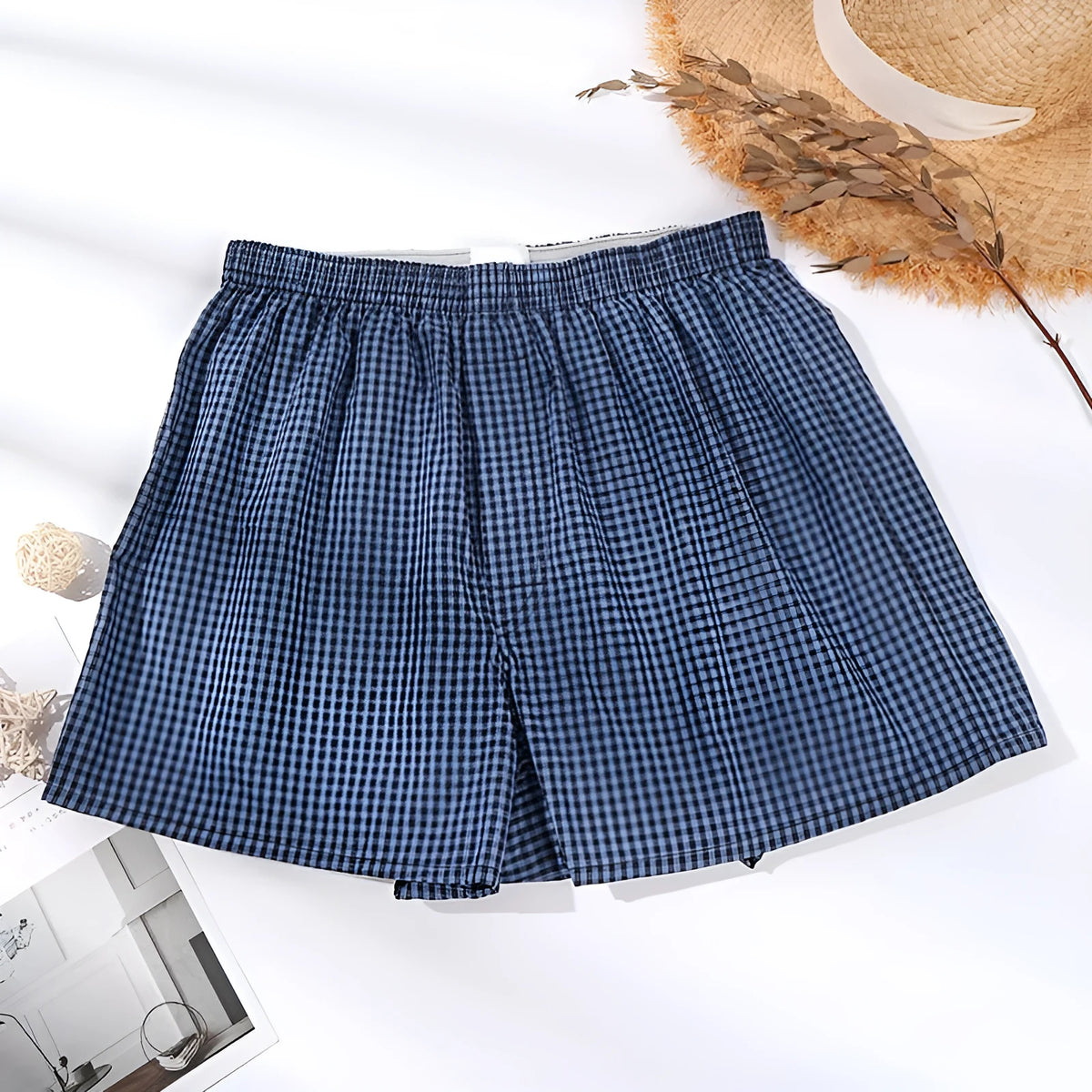 Men's loose boxer shorts in blue cotton, mid waist, plus size S-XL