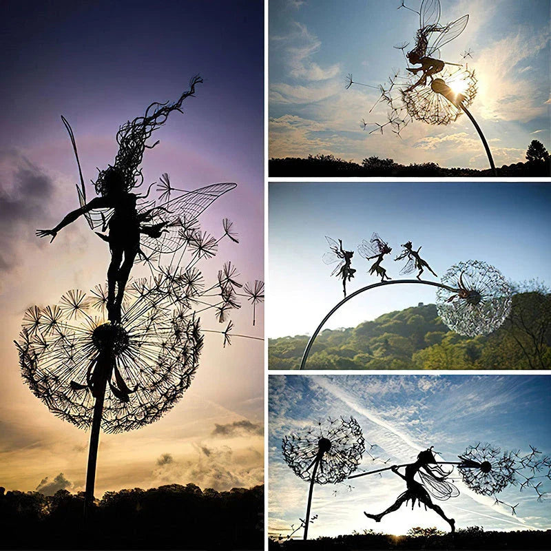 Enchanting fairy garden sculptures made of metal, featuring playful designs of fairies and pixies among dandelions and flowers.