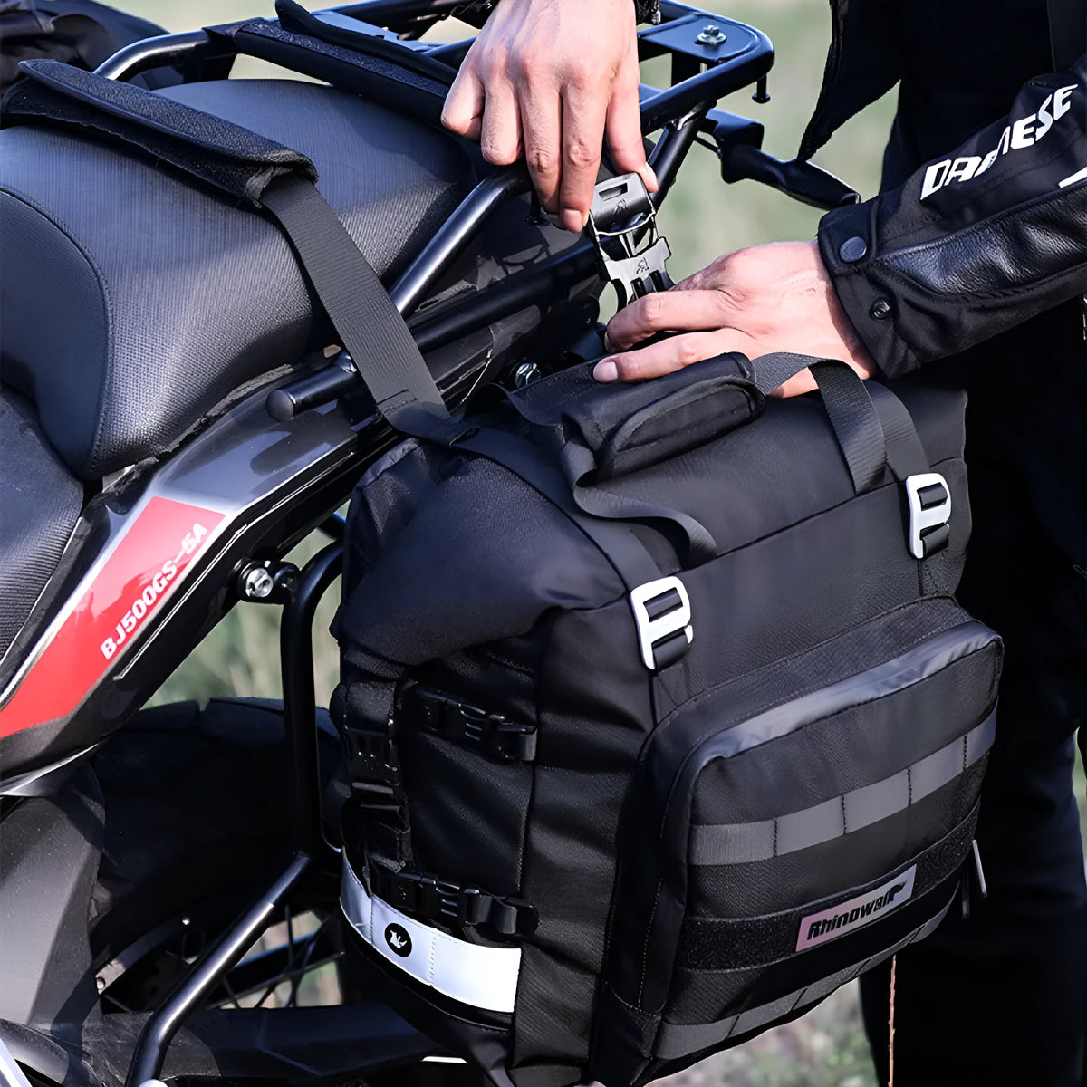 20 litre quick-release motorcycle side bag in army green or black polyester.