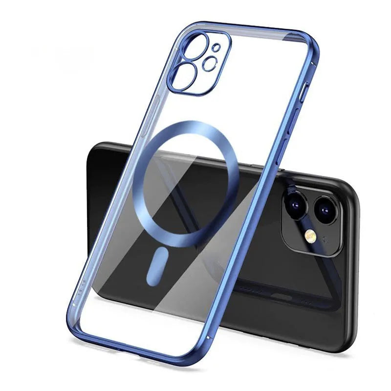 Electroplated magnetic suction back cover for iPhone case in multiple colours including black and blue.