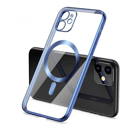 Electroplated magnetic suction back cover for iPhone case in multiple colours including black and blue.