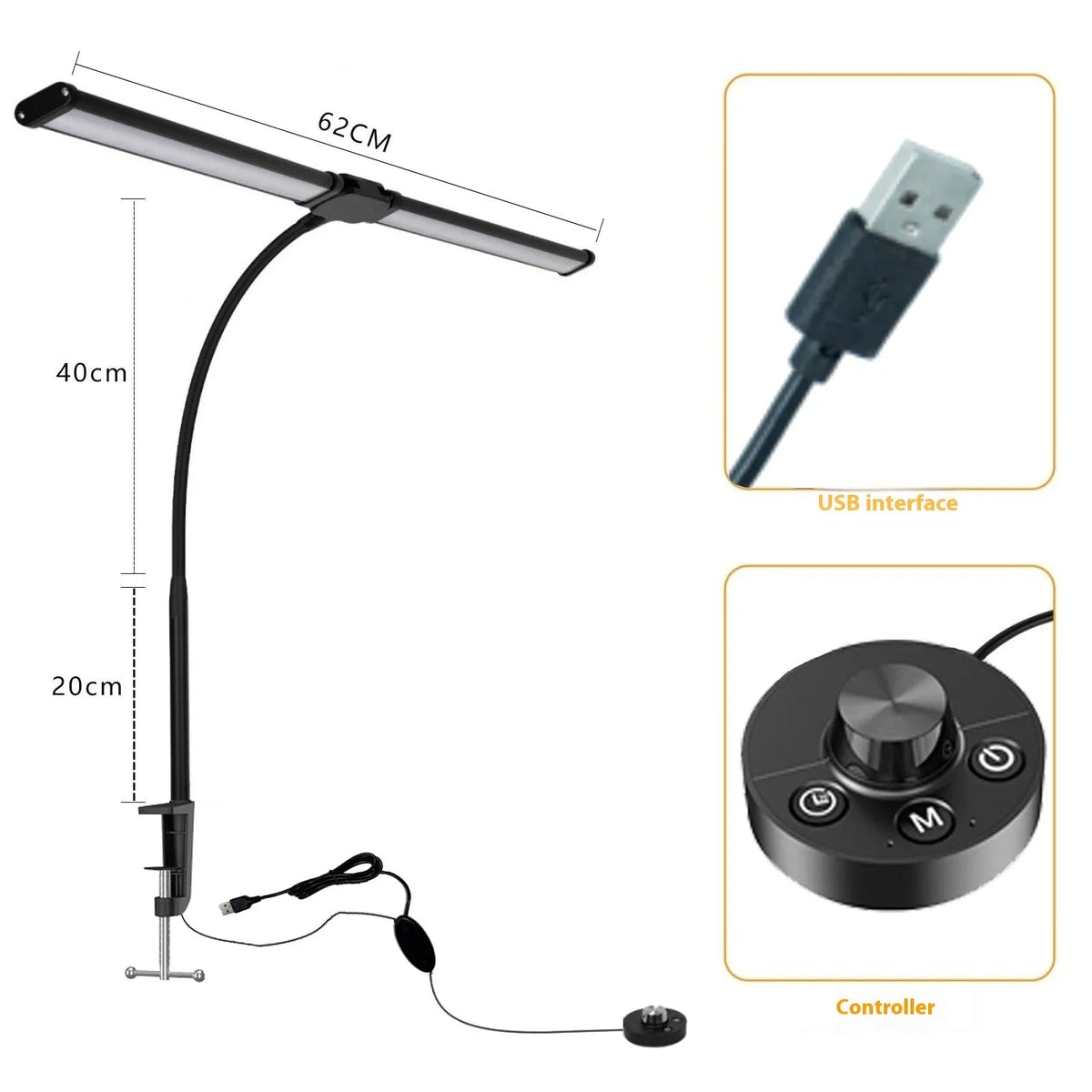 Black LED double-headed gooseneck table lamp with knob remote control, 62cm to 76cm, modern desk lamp