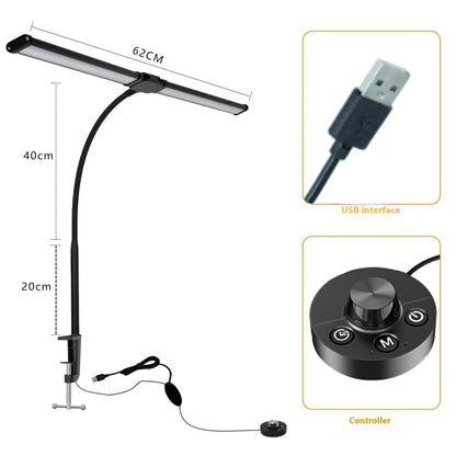 Black LED double-headed gooseneck table lamp with knob remote control, 62cm to 76cm, modern desk lamp