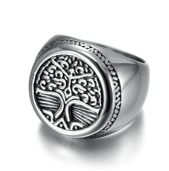 Handcrafted stainless steel Celtic Tree of Life ring with Viking Rune Totem design